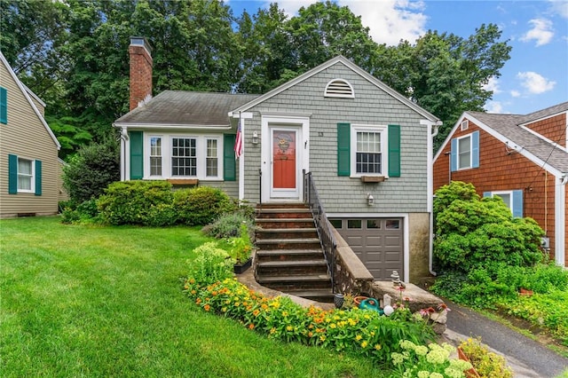 13 Welcome Rd, Smithfield, RI 02917 - bungalow-style home featuring a chimney, a front lawn, a garage, and asphalt driveway