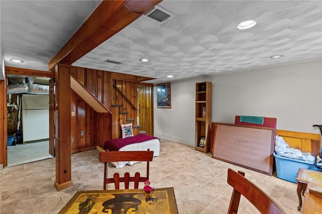 13 Welcome Rd, Smithfield, RI 02917 - tiled living area with stairs, recessed lighting, and wood walls
