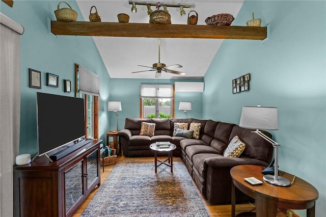 13 Welcome Rd, Smithfield, RI 02917 - living area with wood finished floors, a ceiling fan, a wall mounted air conditioner, and track lighting