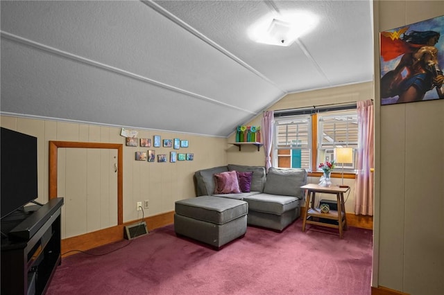 13 Welcome Rd, Smithfield, RI 02917 - carpeted living room with vaulted ceiling and a textured ceiling
