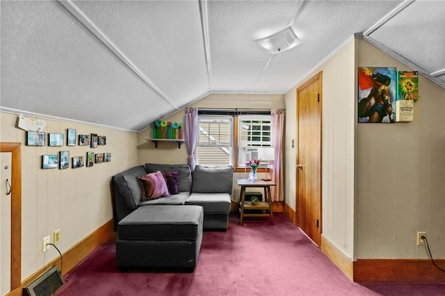 13 Welcome Rd, Smithfield, RI 02917 - living area featuring a textured ceiling, carpet flooring, and lofted ceiling
