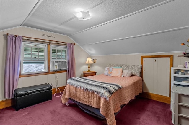 13 Welcome Rd, Smithfield, RI 02917 - bedroom featuring vaulted ceiling, carpet flooring, cooling unit, wooden walls, and a textured ceiling