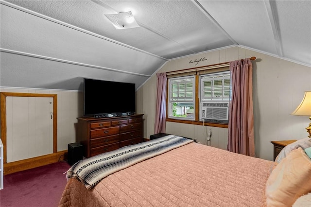 13 Welcome Rd, Smithfield, RI 02917 - carpeted bedroom featuring vaulted ceiling, a textured ceiling, and wooden walls