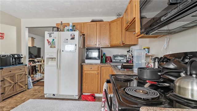 65 River St, West Warwick, RI 02893 - kitchen featuring white fridge with ice dispenser, electric stove, and black microwave
