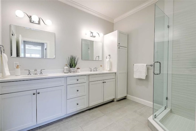 20 Kettle Point Ave, East Providence, RI 02914 - bathroom with crown molding, double vanity, and a stall shower