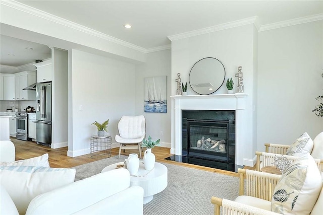 20 Kettle Point Ave, East Providence, RI 02914 - living area featuring light wood-style flooring, ornamental molding, a fireplace with flush hearth, and recessed lighting