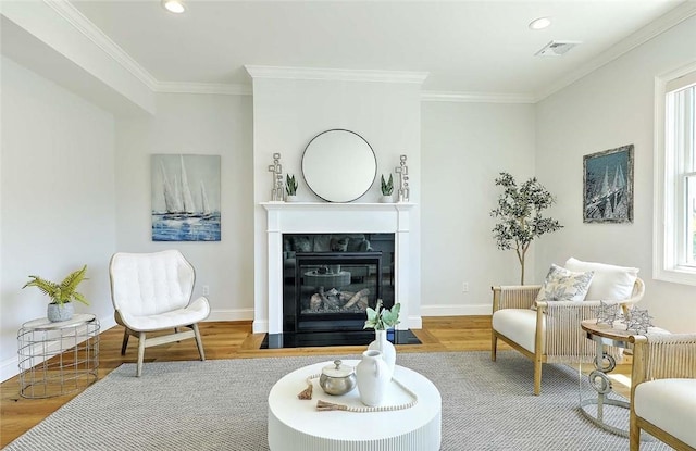 20 Kettle Point Ave, East Providence, RI 02914 - living area featuring wood finished floors, ornamental molding, recessed lighting, a fireplace with flush hearth, and plenty of natural light