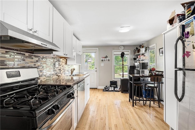23 Preston Dr, North Kingstown, RI 02852 - kitchen featuring stainless steel appliances, under cabinet range hood, light wood finished floors, white cabinets, and tasteful backsplash