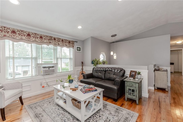 10 Pembroke Dr, Johnston, RI 02919 - living area with light wood-style flooring, wainscoting, cooling unit, lofted ceiling, and recessed lighting