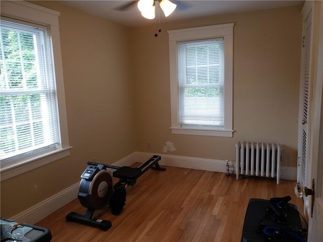 603 Wakefield St, West Warwick, RI 02893 - workout area with radiator, healthy amount of natural light, light wood-style flooring, and a ceiling fan