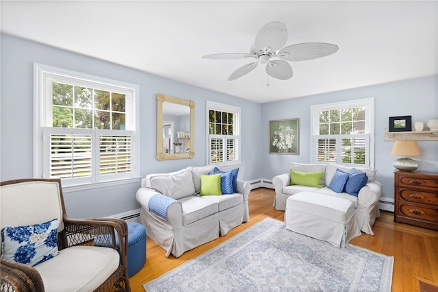 221 Trinity St, Warwick, RI 02886 - living area featuring healthy amount of natural light, a baseboard heating unit, and a ceiling fan