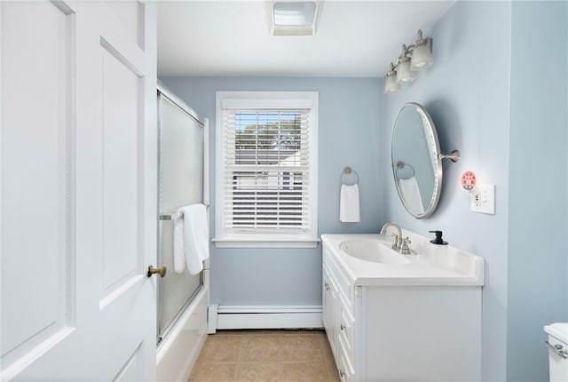221 Trinity St, Warwick, RI 02886 - full bath featuring a baseboard radiator, vanity, combined bath / shower with glass door, and tile patterned floors