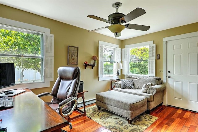 53 Avon St, Somerset, MA 02726 - office area featuring a baseboard heating unit, hardwood / wood-style floors, and a ceiling fan