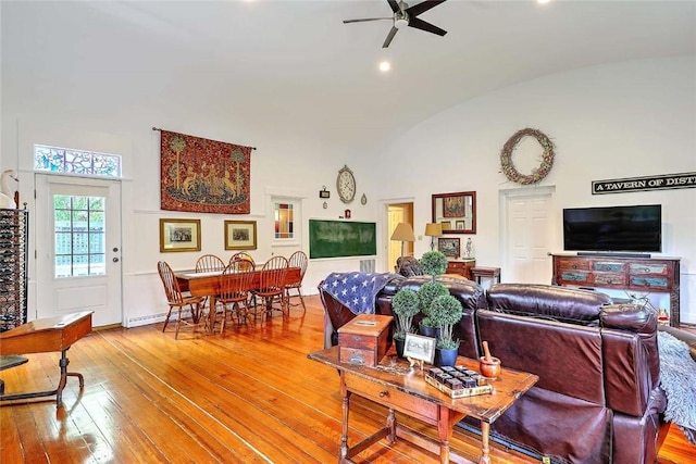 53 Avon St, Somerset, MA 02726 - living room featuring a ceiling fan, lofted ceiling, hardwood / wood-style floors, and recessed lighting
