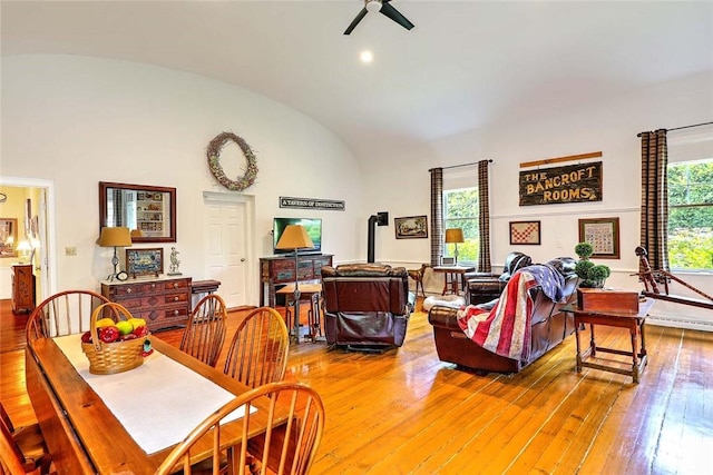 53 Avon St, Somerset, MA 02726 - dining space with ceiling fan, lofted ceiling, and hardwood / wood-style floors