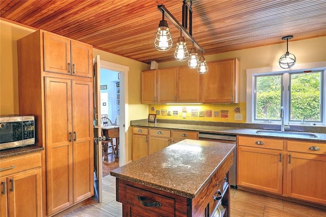 53 Avon St, Somerset, MA 02726 - kitchen featuring appliances with stainless steel finishes, wooden ceiling, dark stone countertops, hanging light fixtures, and a center island