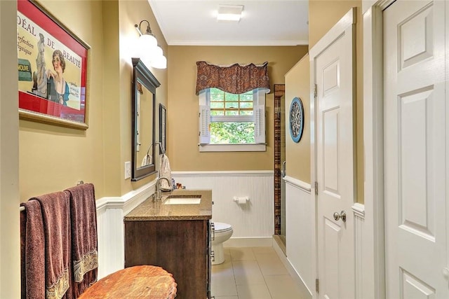 53 Avon St, Somerset, MA 02726 - full bathroom featuring a wainscoted wall, tile patterned flooring, vanity, crown molding, and a shower