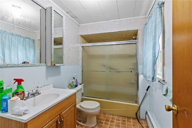 10 Foundry St, Central Falls, RI 02863 - bathroom with a baseboard radiator, vanity, enclosed tub / shower combo, and ornamental molding