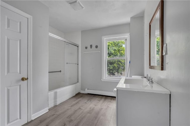1 Ware St, Providence, RI 02907 - full bathroom with a baseboard heating unit, vanity, wood finished floors, and bath / shower combo with glass door