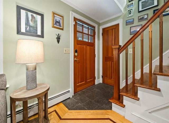 825 Matteson Rd, Coventry, RI 02816 - foyer entrance with ornamental molding, baseboard heating, and stairs