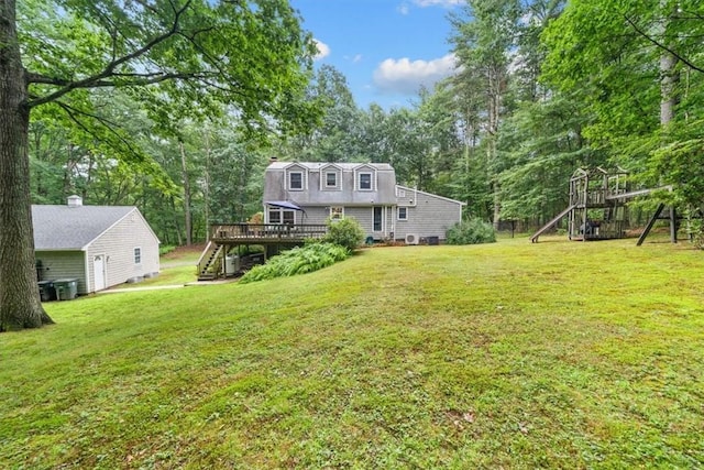 825 Matteson Rd, Coventry, RI 02816 - view of green lawn featuring stairway, a deck, a playground, and view of scattered trees