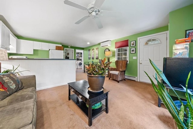 825 Matteson Rd, Coventry, RI 02816 - living room featuring light colored carpet, a baseboard heating unit, a wall unit AC, and ceiling fan