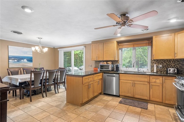18 Magnolia Ln, Coventry, RI 02816 - kitchen featuring stainless steel appliances, crown molding, a peninsula, backsplash, and healthy amount of natural light