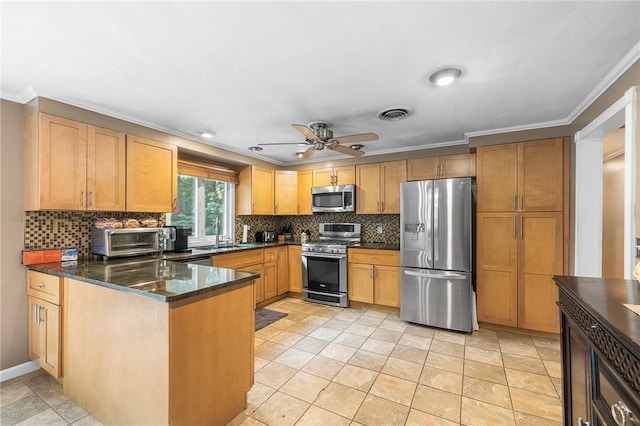18 Magnolia Ln, Coventry, RI 02816 - kitchen with appliances with stainless steel finishes, ornamental molding, a peninsula, backsplash, and ceiling fan