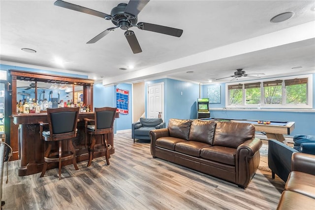 18 Magnolia Ln, Coventry, RI 02816 - living room with a dry bar, billiards table, a ceiling fan, wood finished floors, and crown molding