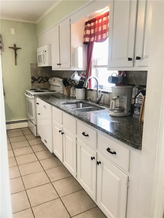 16 Edgemere Rd, Pawtucket, RI 02861 - kitchen featuring white appliances, white cabinetry, light tile patterned floors, a baseboard heating unit, and crown molding