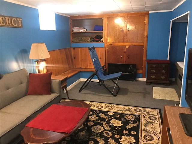 16 Edgemere Rd, Pawtucket, RI 02861 - living area featuring wood walls, carpet flooring, and crown molding
