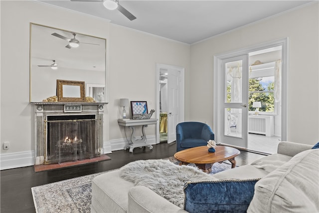 519 Bellevue Ave Unit 2N, Newport, RI 02840 - living area with a ceiling fan, radiator, ornamental molding, a lit fireplace, and wood finished floors