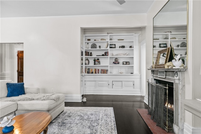 519 Bellevue Ave Unit 2N, Newport, RI 02840 - living area with crown molding, a fireplace with flush hearth, and dark wood-style floors