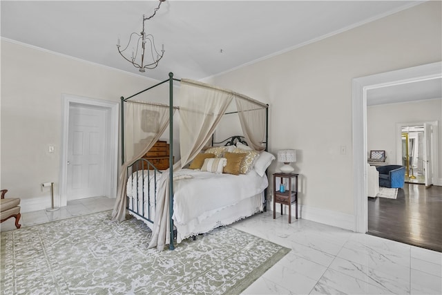 519 Bellevue Ave Unit 2N, Newport, RI 02840 - bedroom with marble finish flooring, ornamental molding, and a chandelier