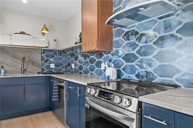 519 Bellevue Ave Unit 2N, Newport, RI 02840 - kitchen with stainless steel range with electric cooktop, exhaust hood, blue cabinetry, and backsplash