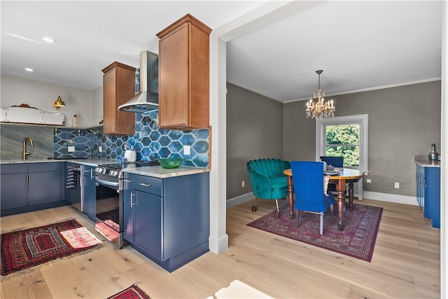 519 Bellevue Ave Unit 2N, Newport, RI 02840 - kitchen with wall chimney range hood, stainless steel range with electric stovetop, light wood-style floors, light countertops, and backsplash