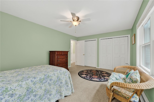 435 Allen Ave, South Kingstown, RI 02879 - bedroom featuring light carpet, two closets, and a ceiling fan