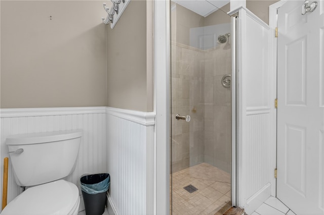 435 Allen Ave, South Kingstown, RI 02879 - bathroom with a wainscoted wall, a stall shower, and tile patterned flooring