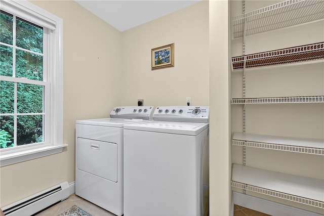 435 Allen Ave, South Kingstown, RI 02879 - laundry room with a baseboard radiator, light tile patterned floors, and washing machine and clothes dryer
