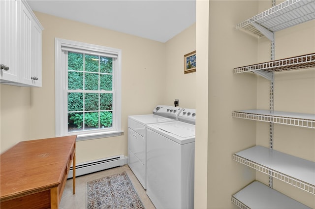 435 Allen Ave, South Kingstown, RI 02879 - laundry area featuring a baseboard heating unit, cabinet space, independent washer and dryer, and light tile patterned floors