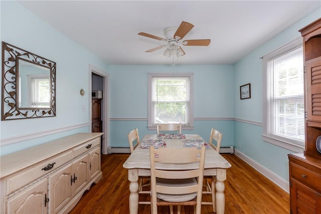 36 Walton St, Providence, RI 02908 - dining room featuring a baseboard radiator, dark wood finished floors, a ceiling fan, and baseboard heating