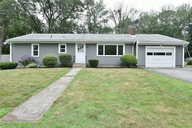 44 Cindy Ln, Warwick, RI 02886 - ranch-style house with a garage, a chimney, driveway, and a front lawn