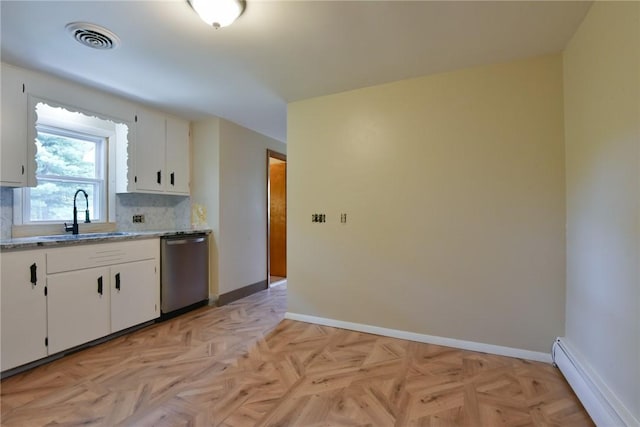 44 Cindy Ln, Warwick, RI 02886 - kitchen featuring dishwasher, a baseboard radiator, white cabinets, backsplash, and light stone counters