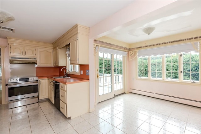 11 Macintosh Dr, Smithfield, RI 02828 - kitchen with stainless steel electric stove, under cabinet range hood, baseboard heating, dishwasher, and light tile patterned floors