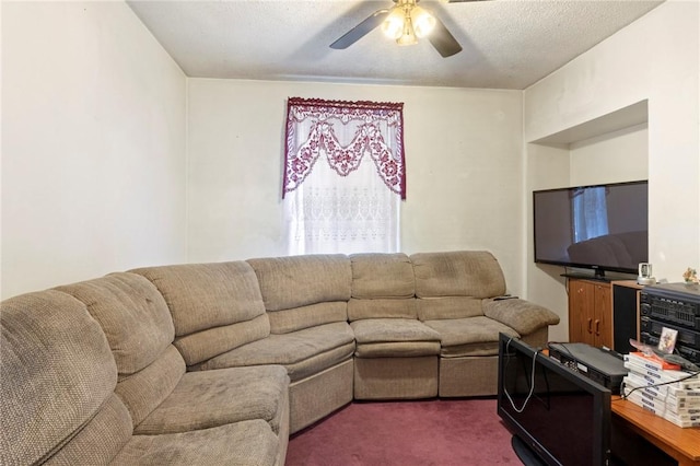 22 Parsons Ave, East Providence, RI 02914 - living room featuring dark carpet, a ceiling fan, and a textured ceiling