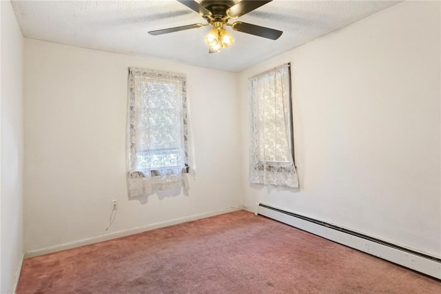 22 Parsons Ave, East Providence, RI 02914 - empty room featuring a baseboard heating unit, carpet floors, a ceiling fan, and a textured ceiling