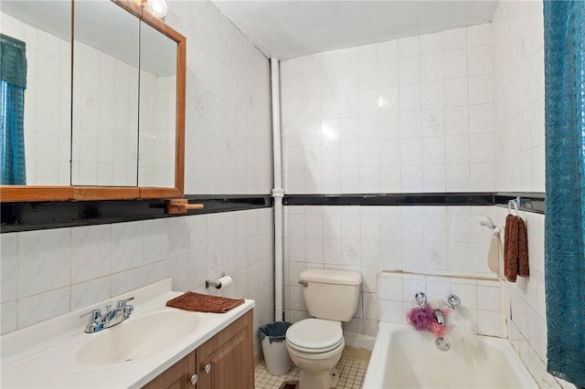22 Parsons Ave, East Providence, RI 02914 - bathroom featuring a garden tub, tile walls, vanity, and tile patterned floors