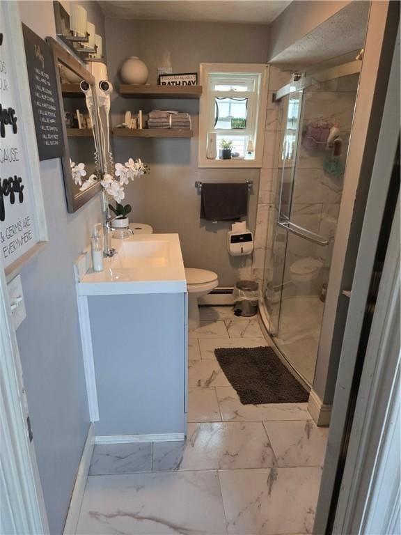 45 Harrison St, Pawtucket, RI 02860 - bathroom featuring marble look tile flooring, vanity, and a stall shower
