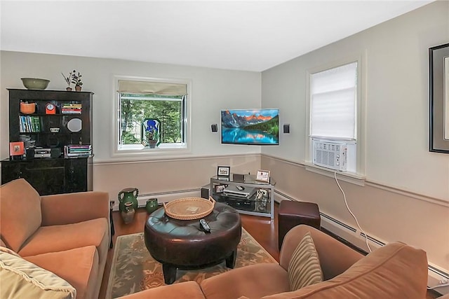 60 Tower Hill Rd, Tiverton, RI 02878 - living room featuring baseboard heating, cooling unit, and wood finished floors