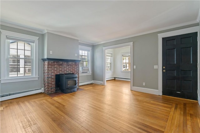 68 Friendly Rd, Cranston, RI 02910 - unfurnished living room featuring baseboard heating, light wood finished floors, a wood stove, crown molding, and cooling unit